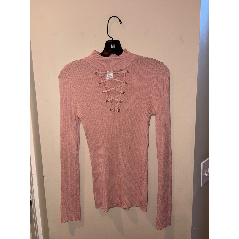 Planet Gold Pink Ribbed Lace Up Mock Neck Sweater Long Sleeve Womens Medium